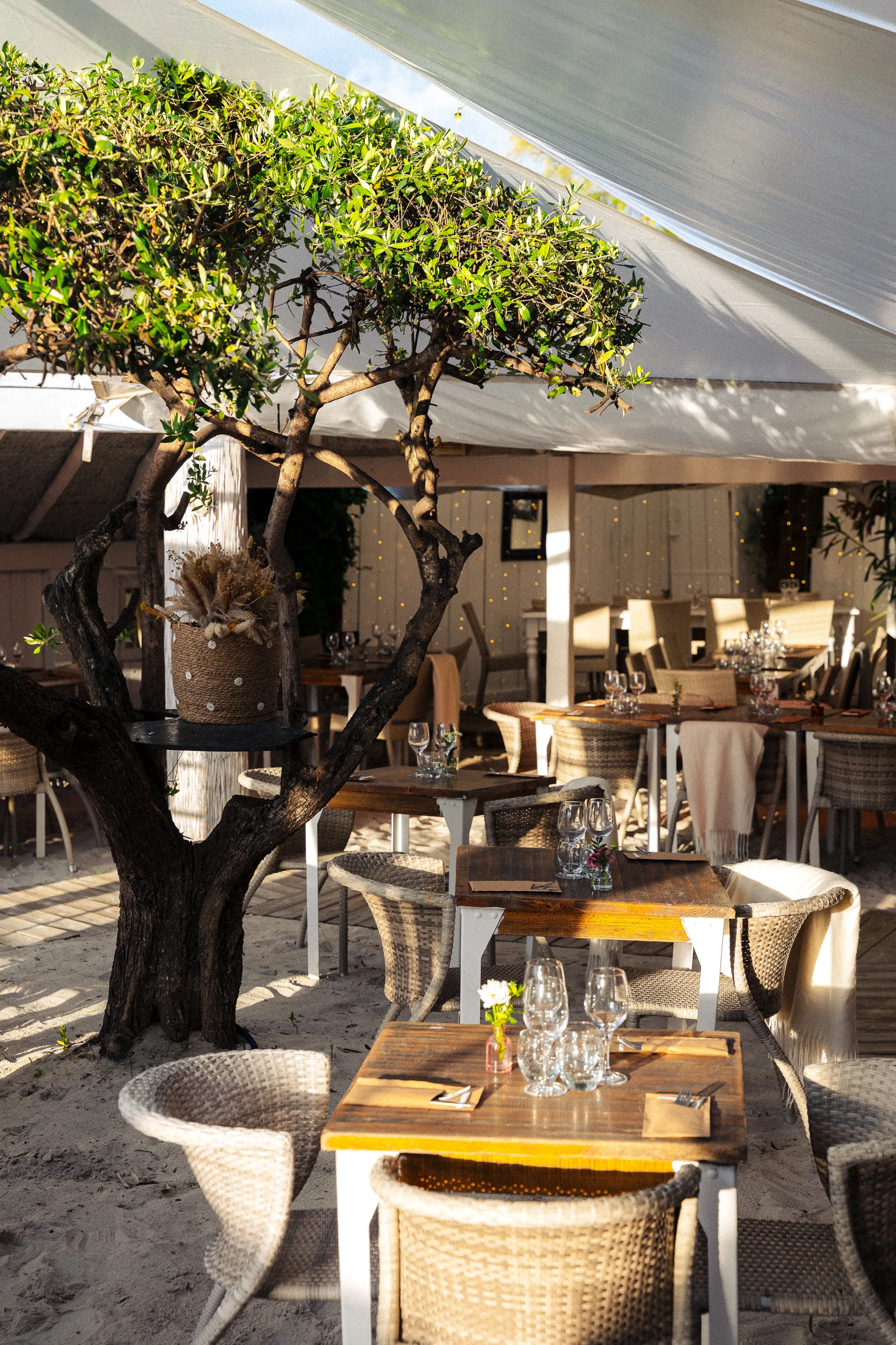 Terrasse de La Pergola, tables sur le sable, Île de Ré
